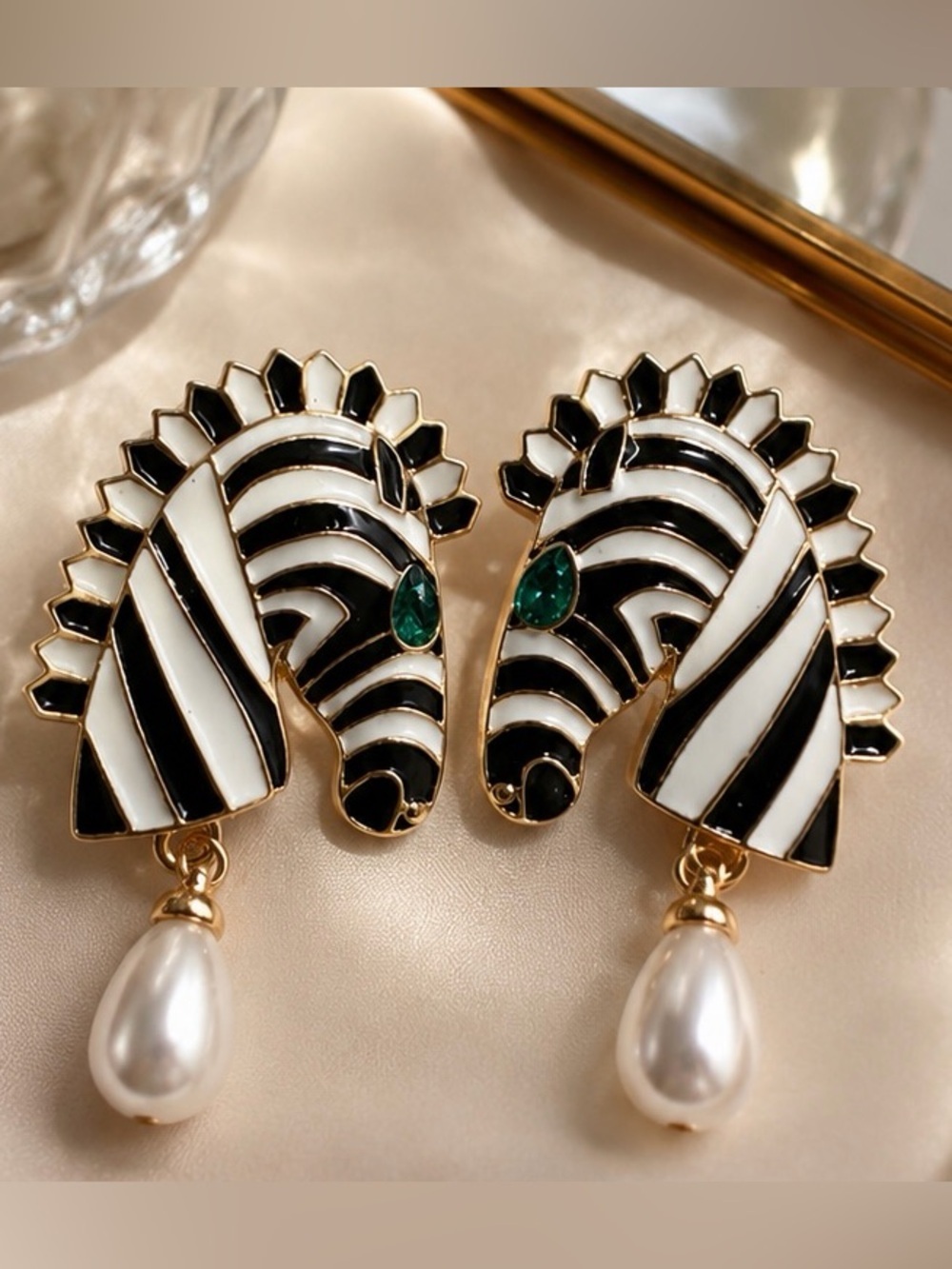 Black & White Zebra Enamel Earrings with Green Gem and Pearl Drop